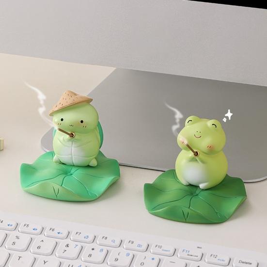 Yousheng Frog/Tortoise Incense Stick Holder with Lotus Leaf Phone Holder Cute Resin Desk Ornament for Home Office Table Shelf Decor