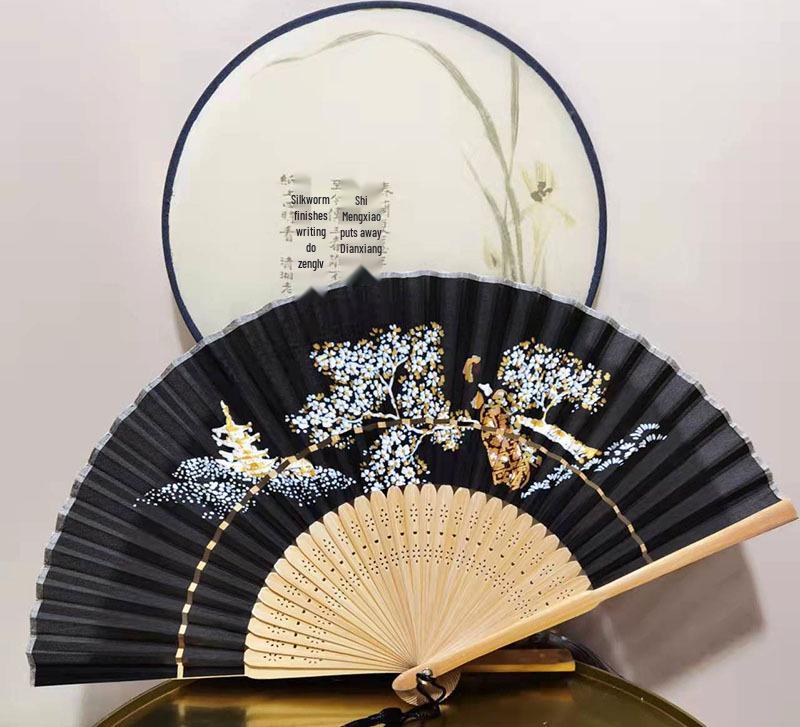 Classic Black Bamboo Folding Fan - Chinese Style Mosquito Repellent for a Cool Summer Breeze
