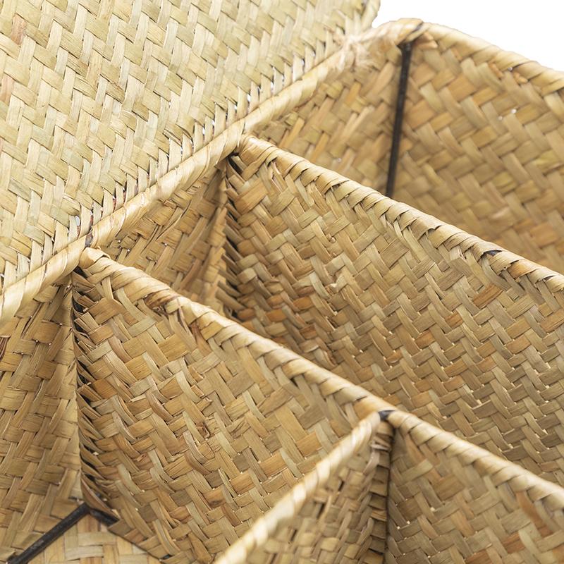 4-grid Woven Seagrass Desktop Organizer Box with Lid Divided Makeup Cosmetics Storage Basket for Home Office Wardrobe Shelf