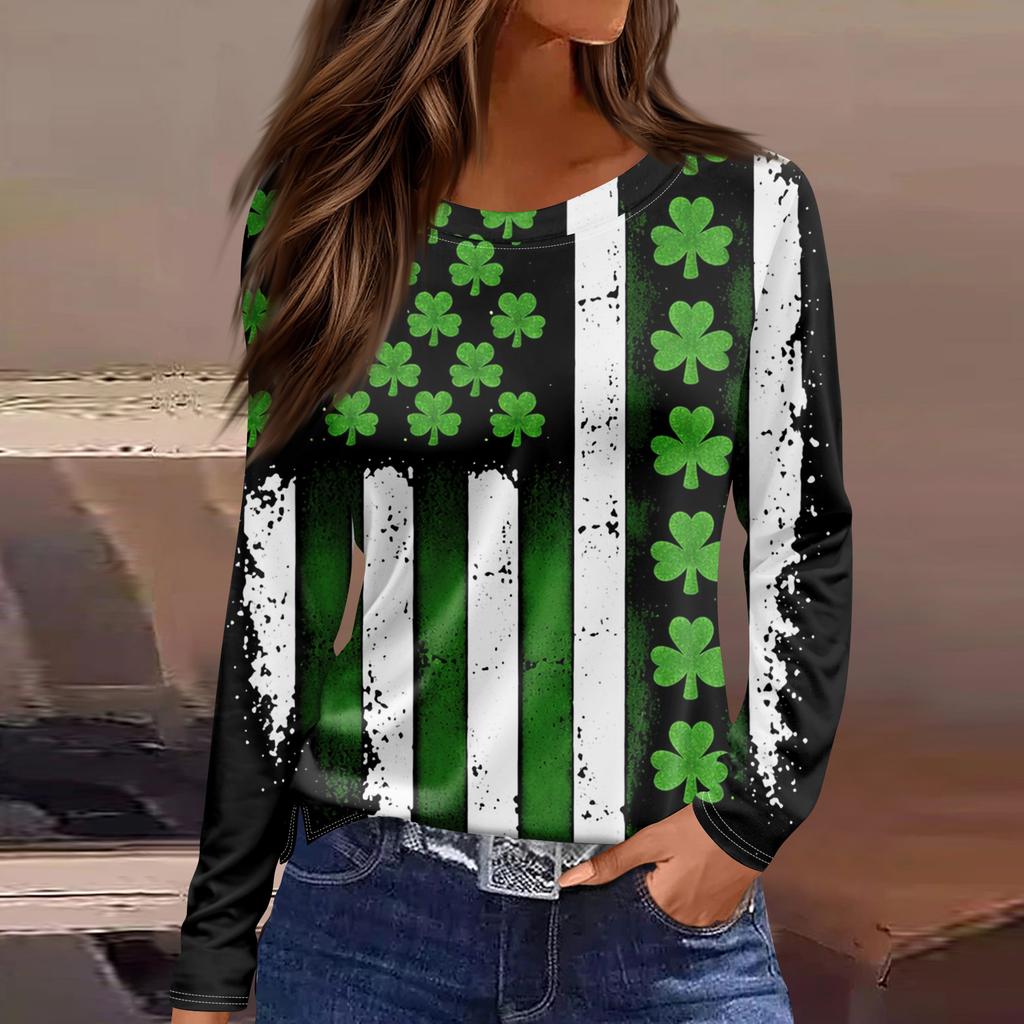 Damenmode Lässig Schlitz Saum Rundhals Langarm Lose Bedrucktes T-Shirt Damen Top