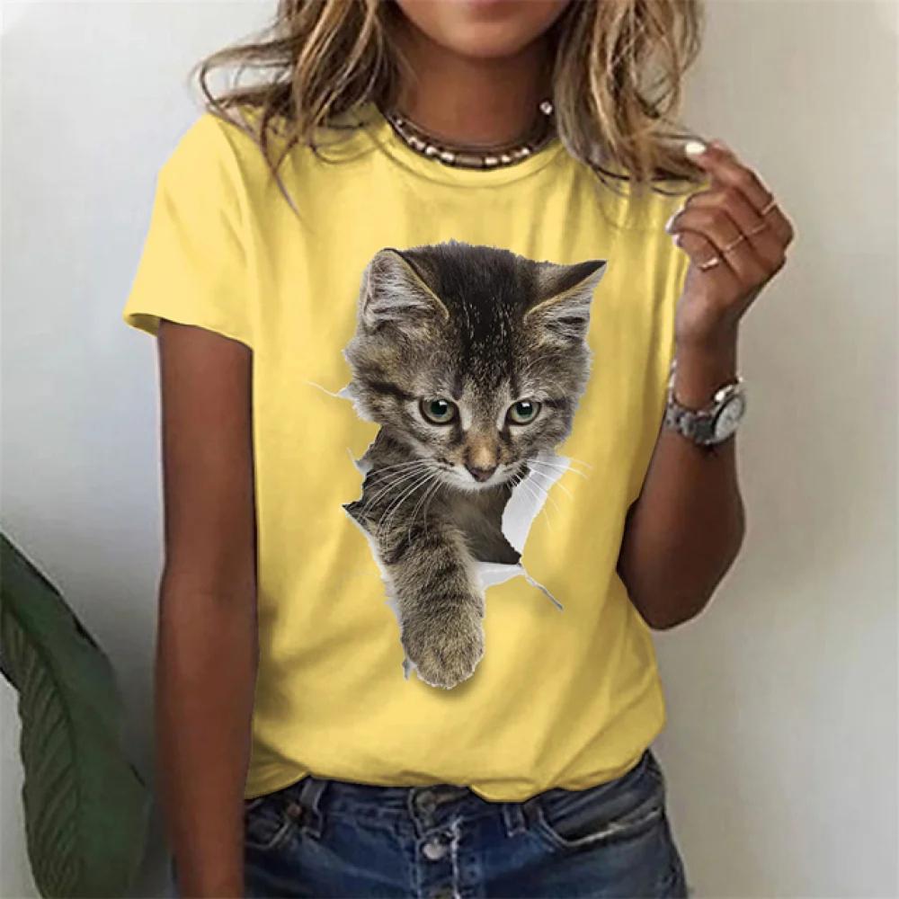 

Летняя футболка с милым котом, женская футболка с 3D принтом, модная футболка в стиле Харадзюку, футболка с животным, короткий рукав, женская одежда с круглым вырезом L