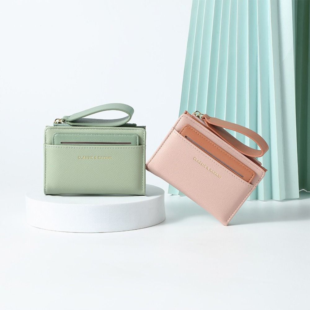 New Portable Women's Wallet PU Leather Multipurpose Coin Purse Lanyard Solid Color Card Holder