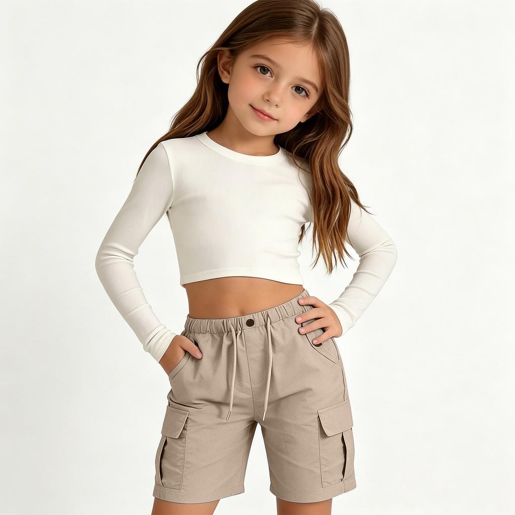Girls Casual Cargo Shorts with Drawstring Waist Adjustable Fit Multi Pocket Design Lightweight Breathable Fabric Suitable for Everyday Wear