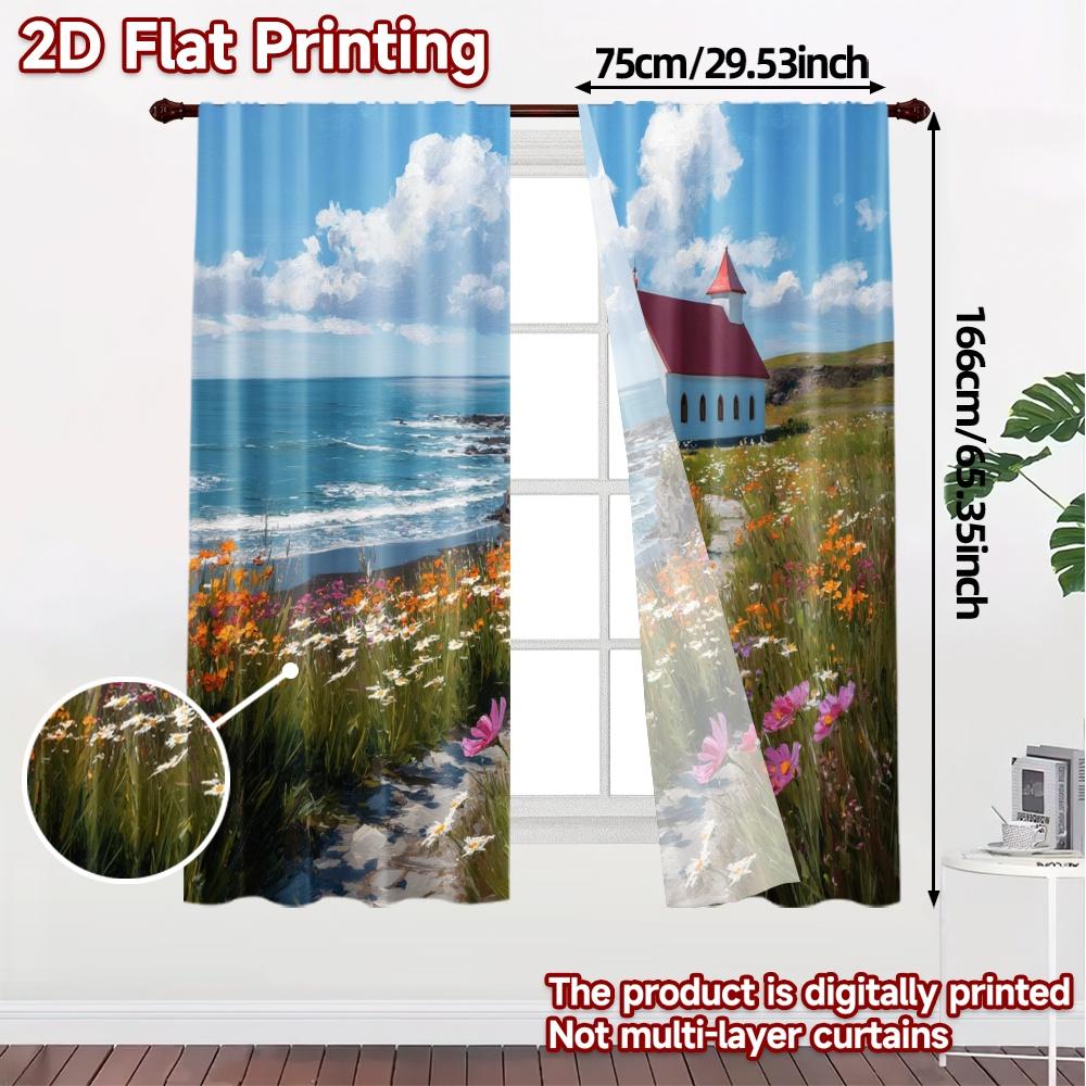 Set Of 2 Modern Flat Printing Curtains Without Rod Seaside Chapel Print Durable Polyester Curtain Thermal Made