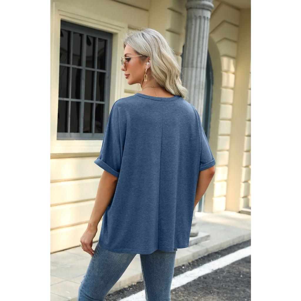 HNXC Spring Summer Solid-color Round-neck Loose Short-sleeved T-shirt Top for Women