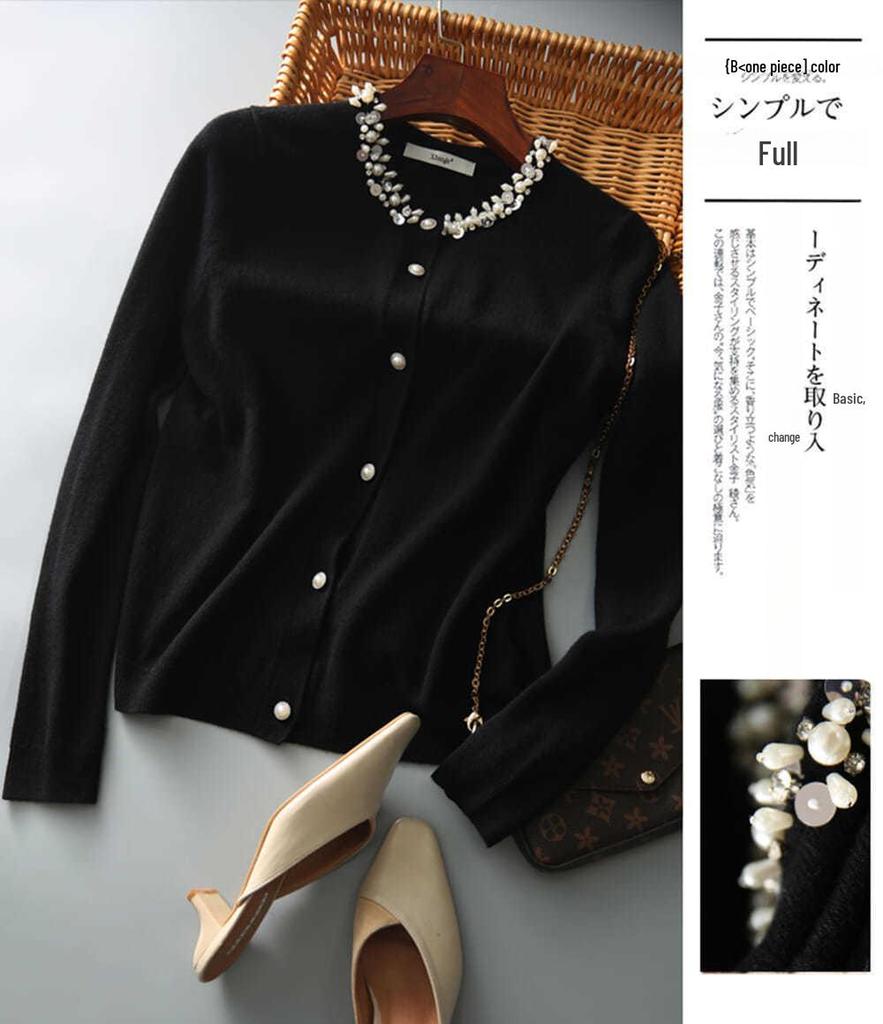 Handcrafted Women's Beaded Knit Cardigan - Spring/Autumn Long-Sleeve Sweater