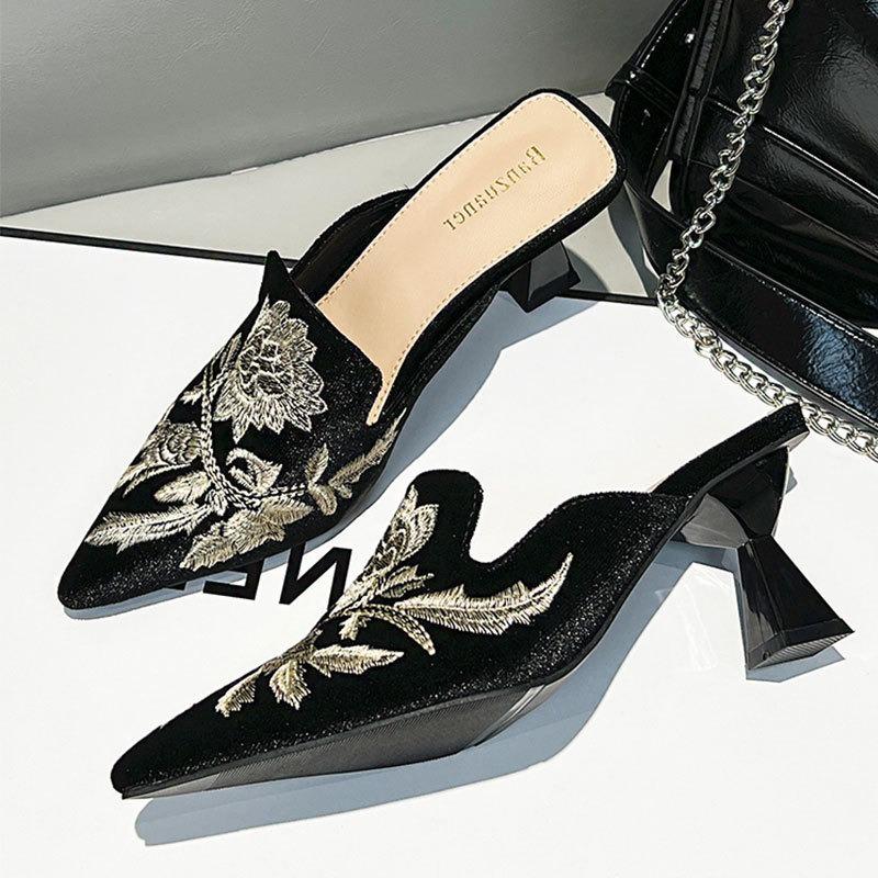 Fashion 2025 Autumn Embroidery Women Mules Slippers Luxury Fashion Elegant Pointed Toe Slides Shoes Ladies Dress Stiletto Heel Sandalias