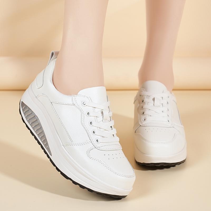 Women's Sneakers Height Increase White Leather Platform Casual Simple Thick Sole Elevator Shake Shoes