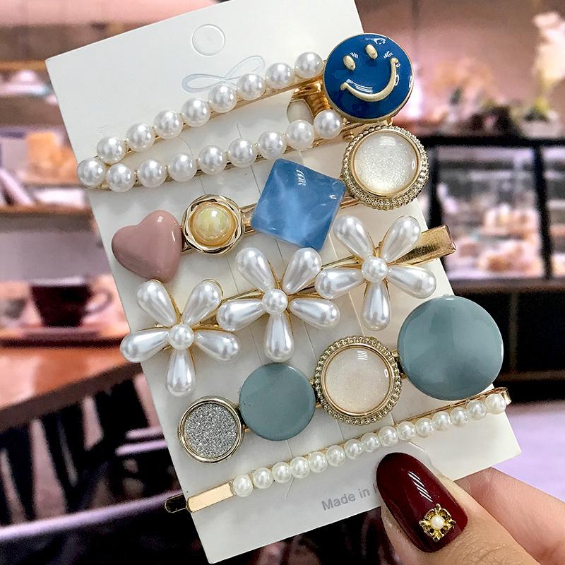 5Pcs/Set Fashion Smiley Pearl Hair Clip For Women Girl Geometric Acetate Barrettes Hairpin Headwear Hair Accessories  Trendy