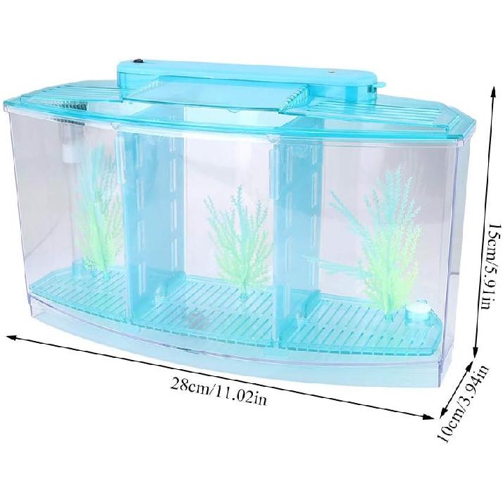Three Areas Small Aquarium, Transparent Fish Tank, Desktop with Water Change Valve with LED Light for Betta Small Fishes(Blue)