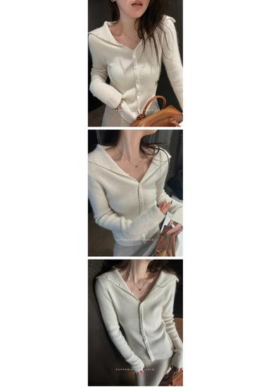 Women's Elegant Navy Collar Pure Wool Knit Cardigan Sweater