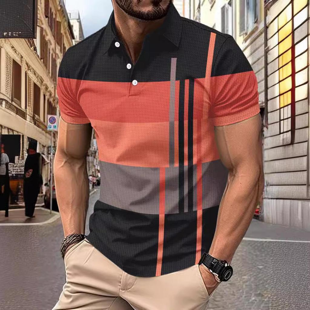 Summer Men's Daily Casual Stripe Printed Lapel Short Sleeve Polo Shirt Top