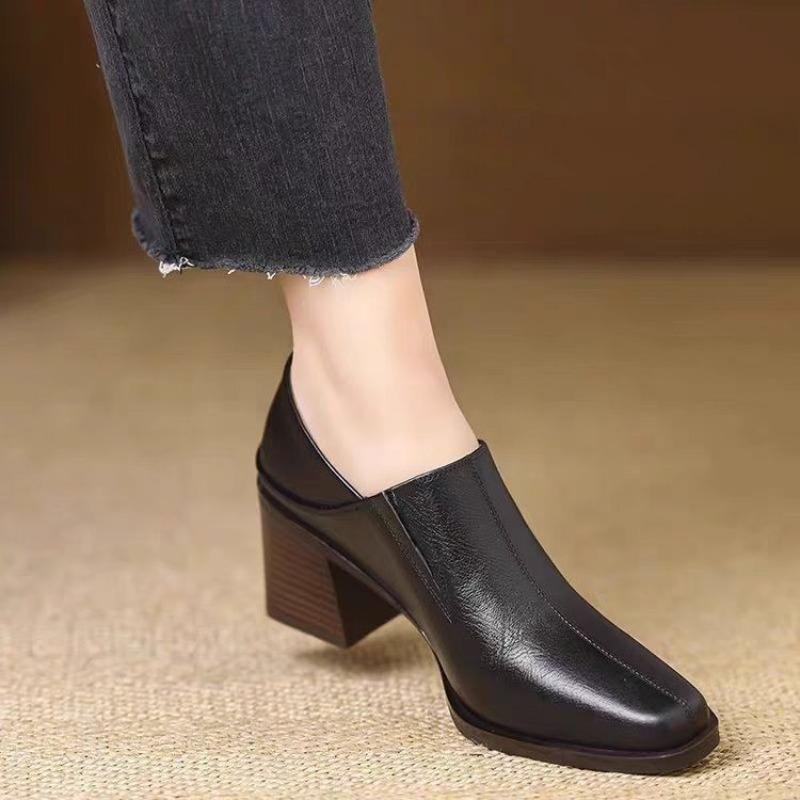 2025 Fashion Genuine Med Chunky Heels Pumps for Women Square Toe Med Heels Deep Mouth Pumps Female Work Shoes