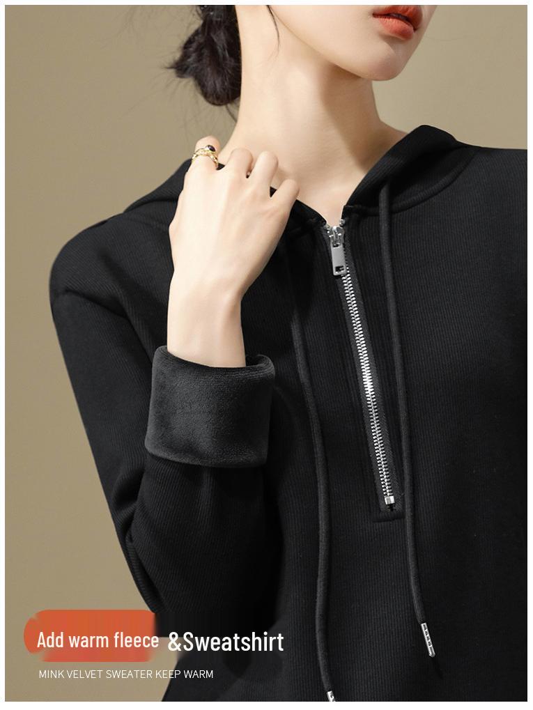 Women's Black Thickened Half-Zip Fleece Hoodie for Autumn/Winter 2025