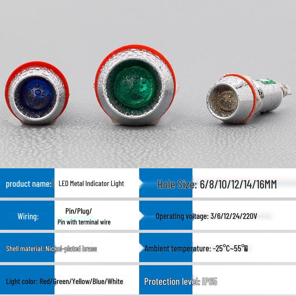 Dual Color LED Metal Indicator Light - 6/8/10/12mm, Red/Green, 3V-220V, Waterproof