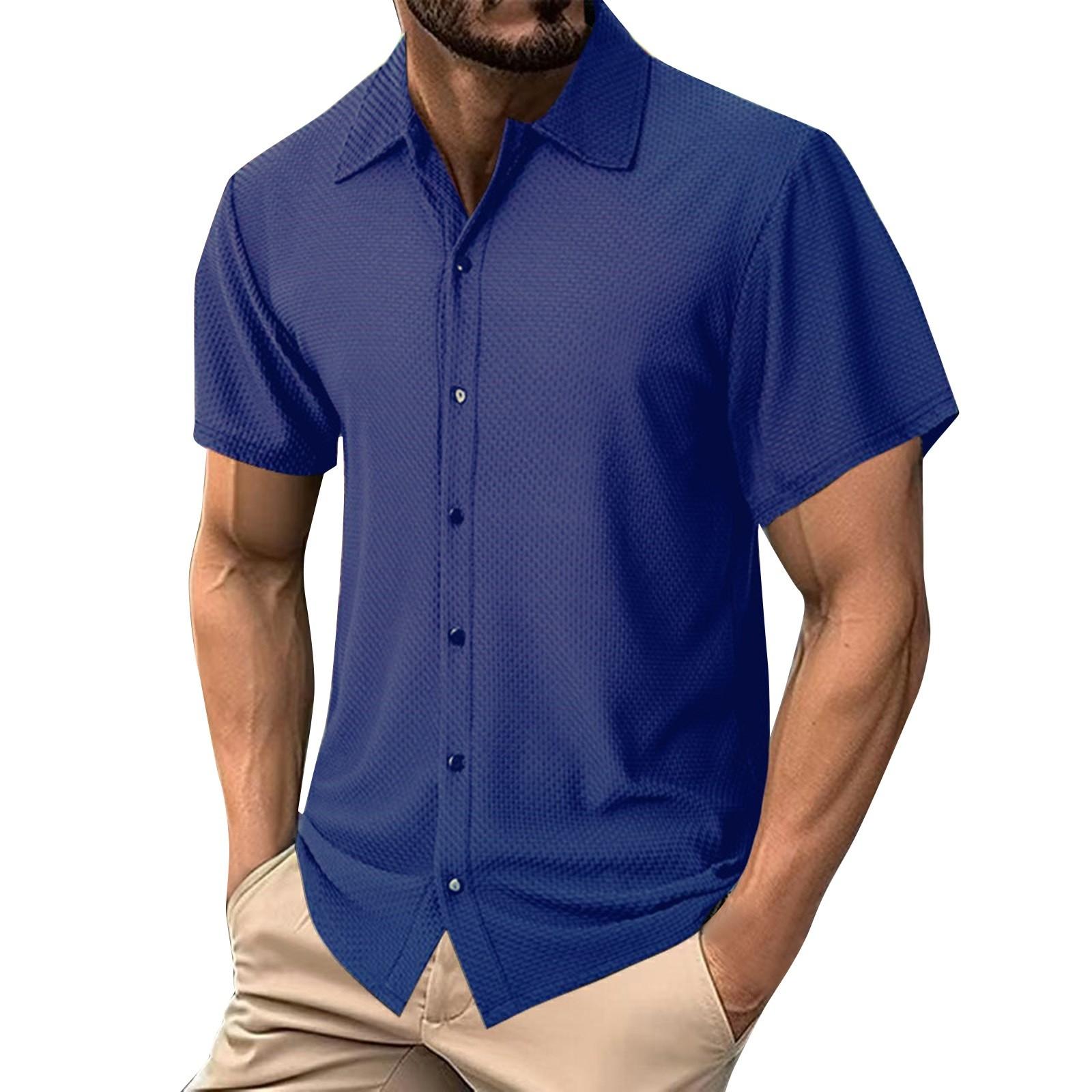 

Мужская летняя однотонная рубашка с лацканами и короткими рукавами, мужская повседневная модная рубашка с короткими рукавами L тёмно-синий