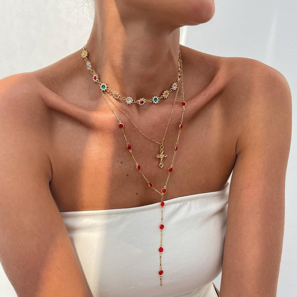 Rhinestone Metal Stacked Necklace Y2K Zinc Zinc Alloy Neck Pendant Beads Stacked Collarbone Chain  Women