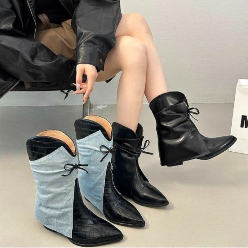 Fashion New Fashion Style Women's Cowboy Boots Pointed Toe Thick Heel Female Luxury Short Boots Large Size Bow Trouser Boots for Women