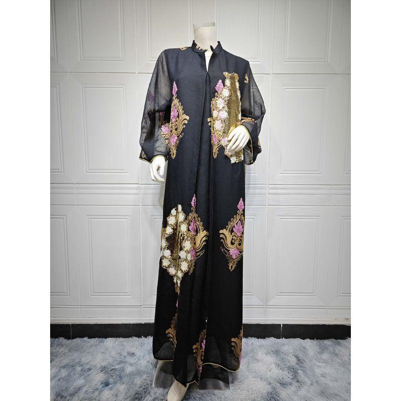 

New Arrival Women s Ethnic Style Dress Mesh Sequin Burnt Flower Formal Dress Mesh Beaded Dress Black 2XL