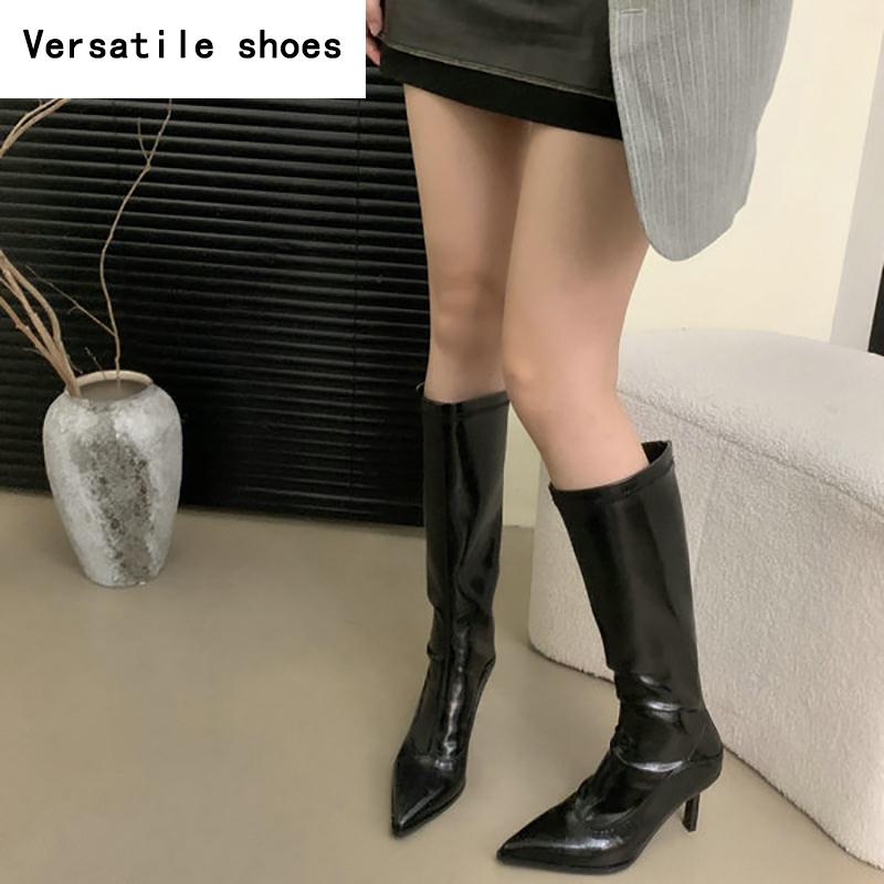 Pointed Toe Women Knee High Boots Fashion Elegant Leopard Shoes Autumn Winter Thin Heel Ladies Sexy Slim Long Botas De Mujer