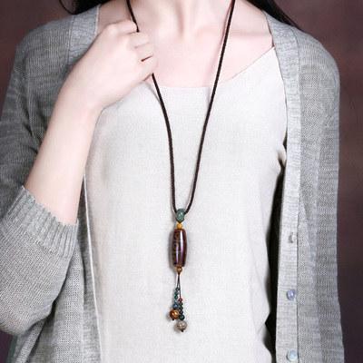GEMCHIC Women s Vintage Ethnic Style Long Sweater Necklace with Handmade Braided Rope, Dzi Bead and Agate Pendant Bohemian Jewelry
