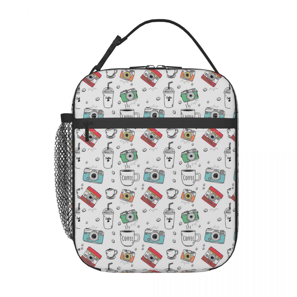 Camera And Coffee Pattern Insulated Lunch Bag for Women Children Portable Food Boxes Thermal Lunch Box Tote
