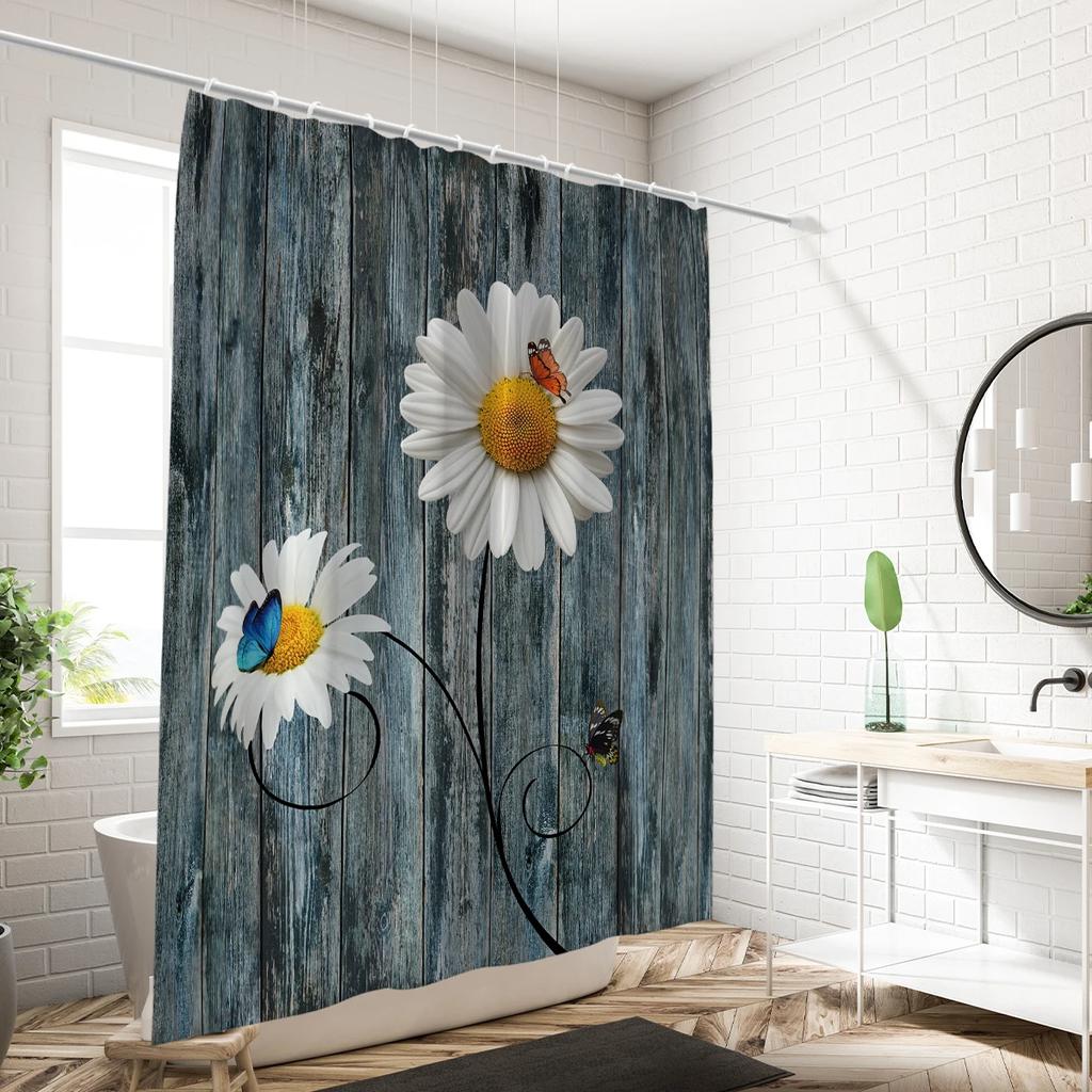 1 Piece Of 180X180Cm Wooden Board With Daisy Pattern Printed Shower Curtain Partition, Waterproof And Mold Resistant