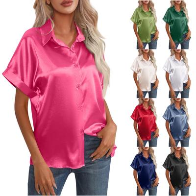 Women's Simulation Silk Button Up Shirt Casual Loose Short Sleeved Top