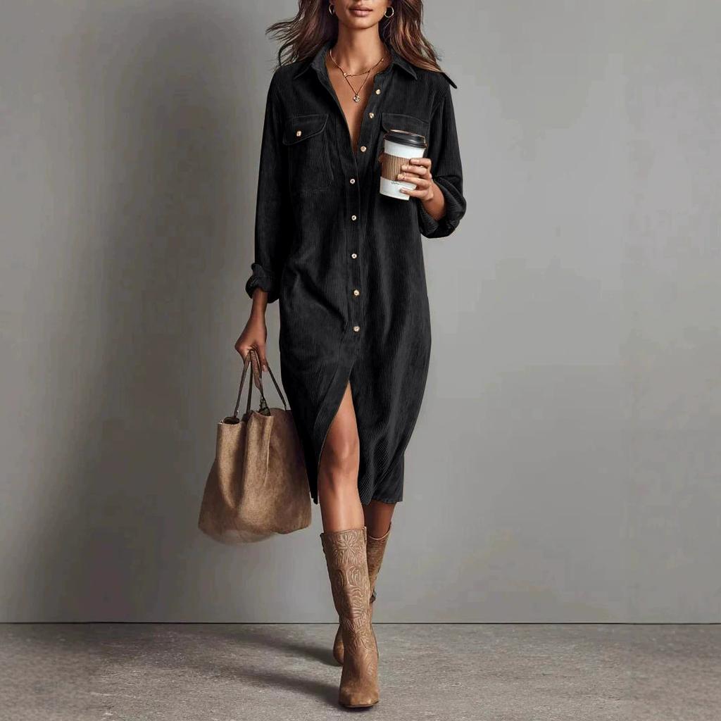 Vintage Women's Dress Spring Summer Office Lady Solid Corduroy Long Sleeve Lapel Shirt Loose Maxi Dresses for Women