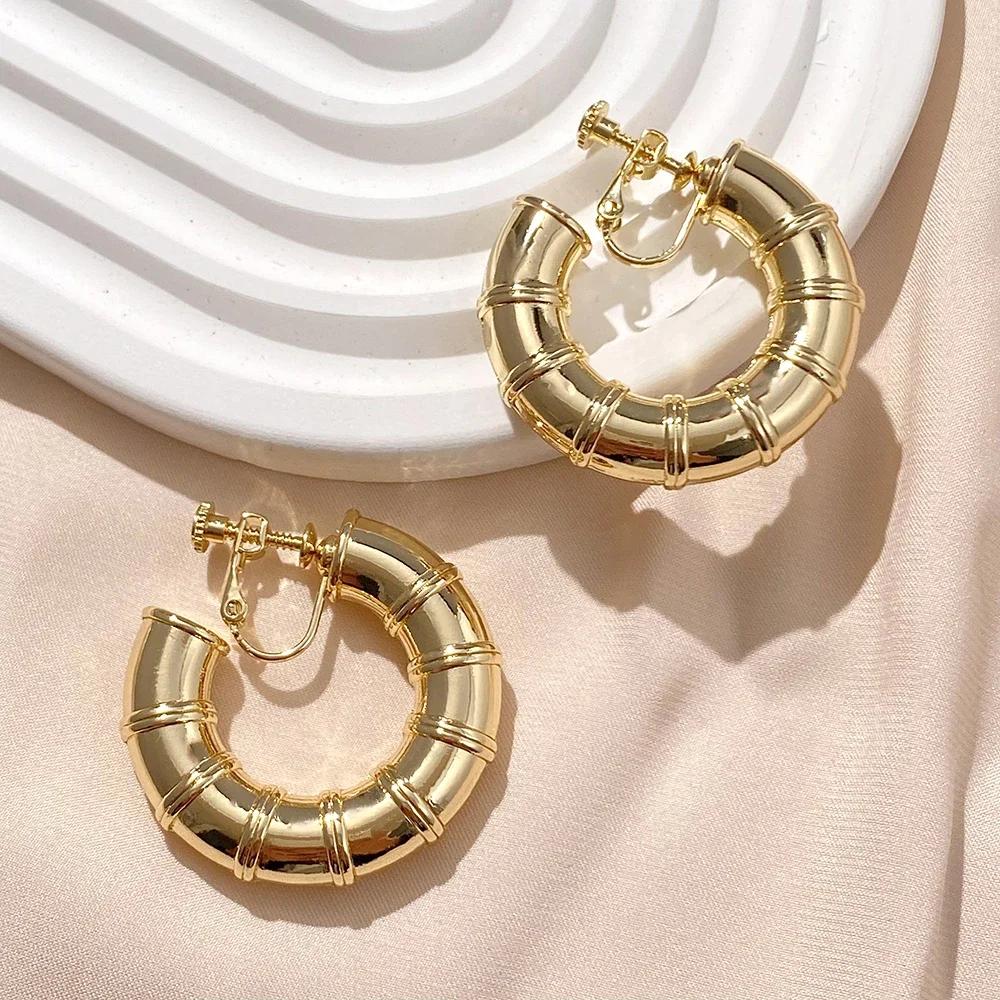 Vintage Oversize Chunky Round Circle Clip Earring for Women C Shape Tube Thick Without Pierced Hoop Earclips Jewelry Trendy