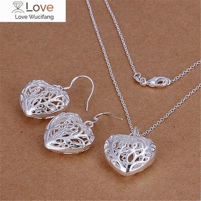 Marcas populares 925 Prata Esterlina Bonito Coração Vazado Pingente Colar Brincos Conjunto de joias para mulheres Moda Presentes para festas