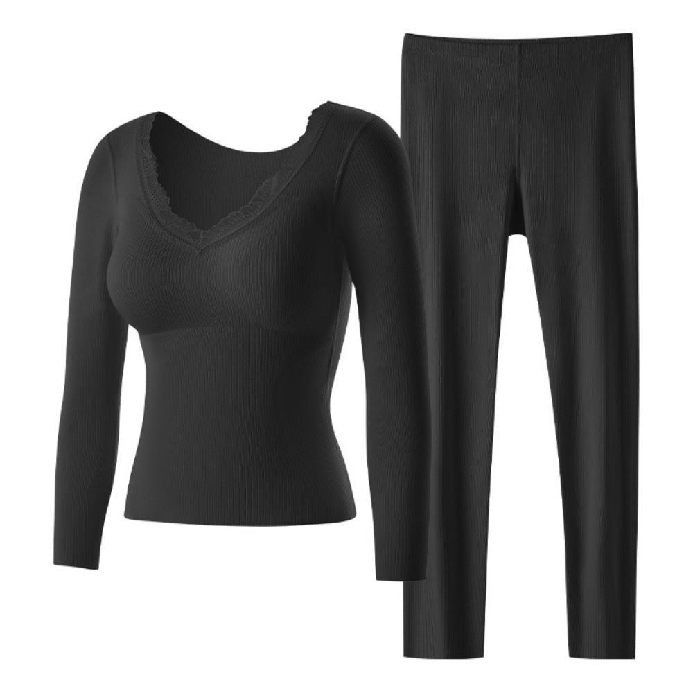 With Chest Pad Women Thermal Underwear Lace Solid Color Warm Long Tops Pants Set Body-Shaping Soft Slimming Underwear Underwear