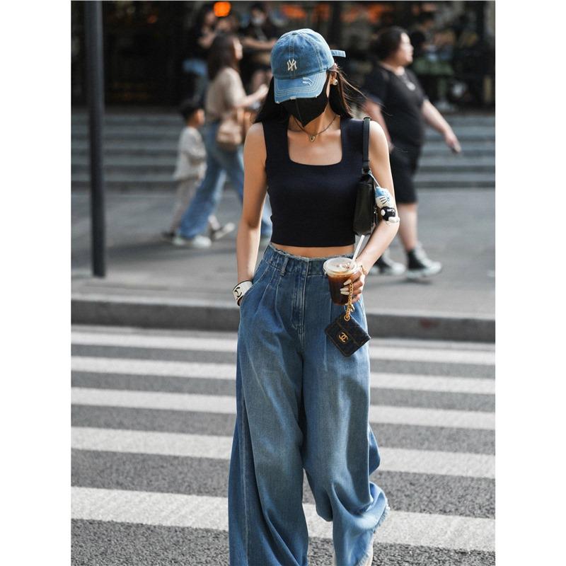 2318 Blue Retro High-Waisted Wide-Leg Women s Summer Jeans S