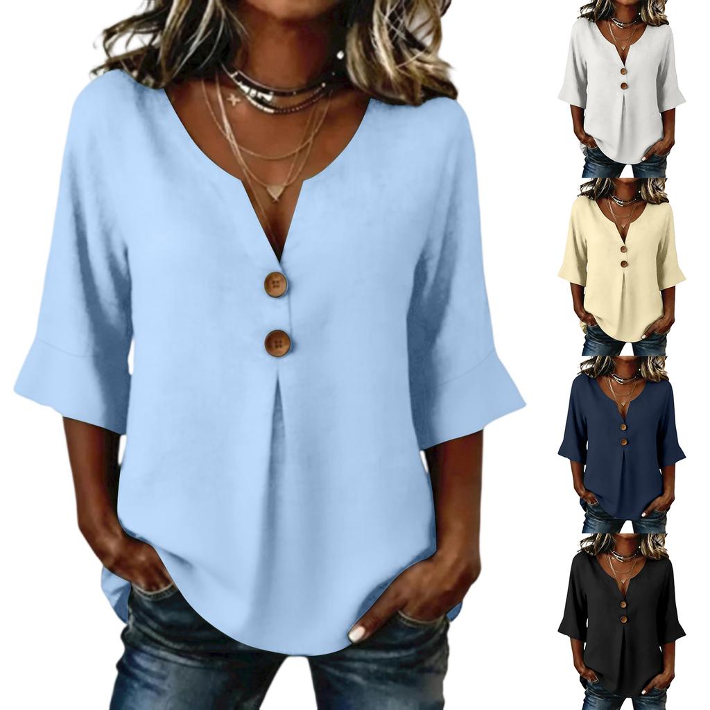 Women's Color Loose Casual Cotton Linen V-neck Fashionable Mid Sleeved Shirt Top