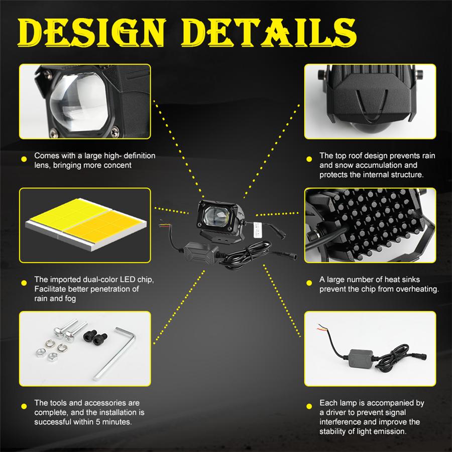 2Pcs 12D 3" 100W Led Motocycle Headlight 6000K 3000K LED Work Light Fog Lamp 12000LM for Moto Scooters ATV Car Truck 12V 24V