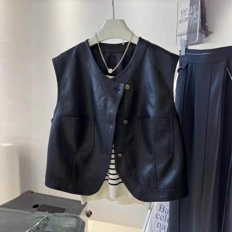 

Autumn Women Faux Leather Vest V Neck Pocket Button CPleated Skirt Set S