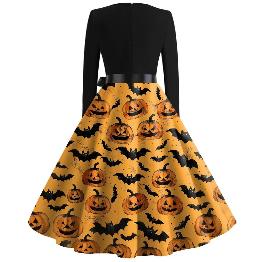 Halloween Print Flare Dress For Women Long Sleeve Dress Hollow Party Casual Dresses