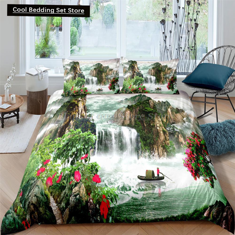 Waterfall king Queen Duvet Cover Floral Trees Bedding Set Natural landscape quilt cover Purple Dream polyester Comforter Cover