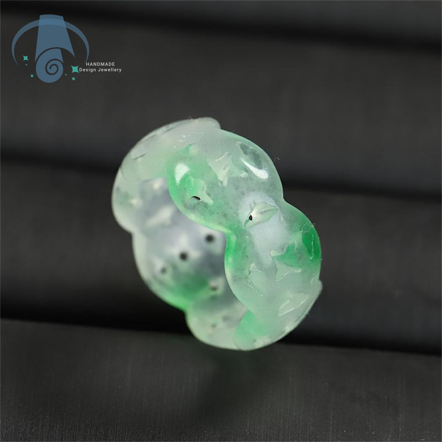 Natürlicher Quarzit Jade Ring Für Männer Frauen Echter Stein Ausgeschnitten Geschnitzt Schwebendes Grünes Muster Durchbrochener Fingerring Mode Un 16-17mm gray