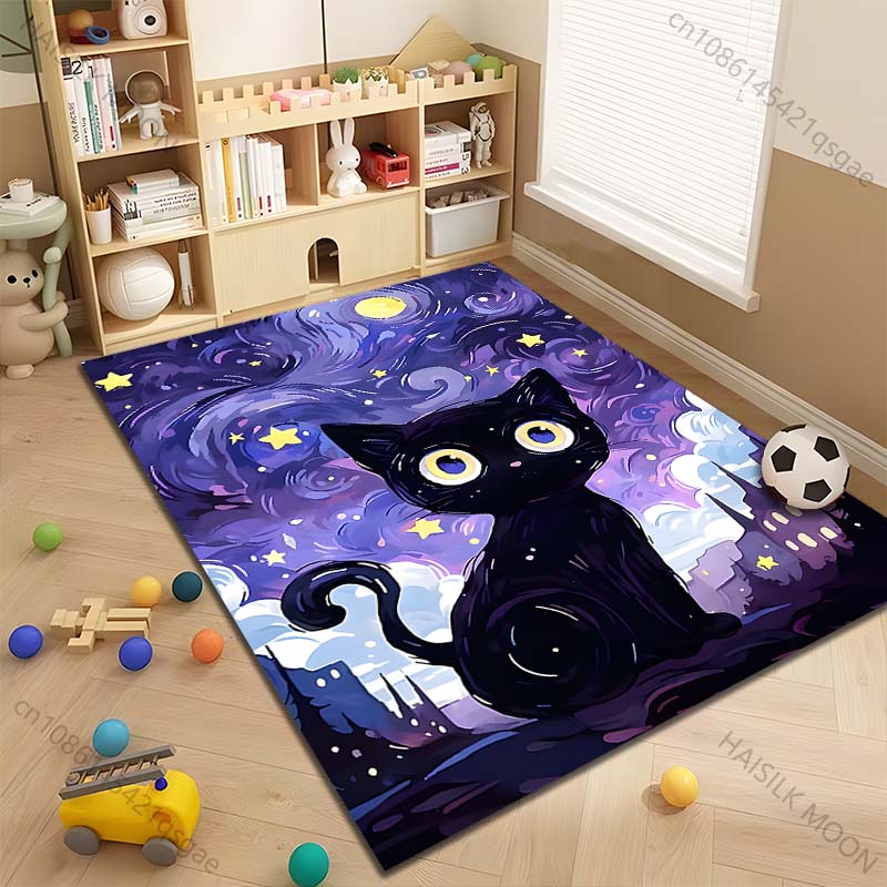 Multiple Sizes Black Cat Starry Sky Print Carpet Rug for Living Room Bedroom Sofa Doormat Home Decor Non-slip Floor Mat