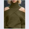 Womens Oversized Knit Sweater With Asymmetrical Cross-Shoulder Design High Neck Long Sleeve Loose Fit Top