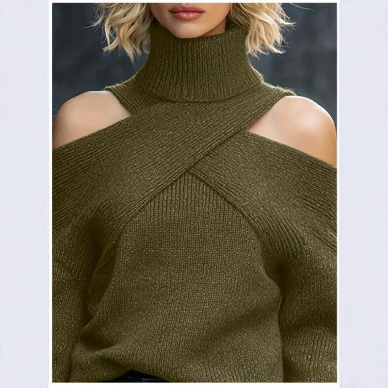 Womens Oversized Knit Sweater With Asymmetrical Cross-Shoulder Design High Neck Long Sleeve Loose Fit Top