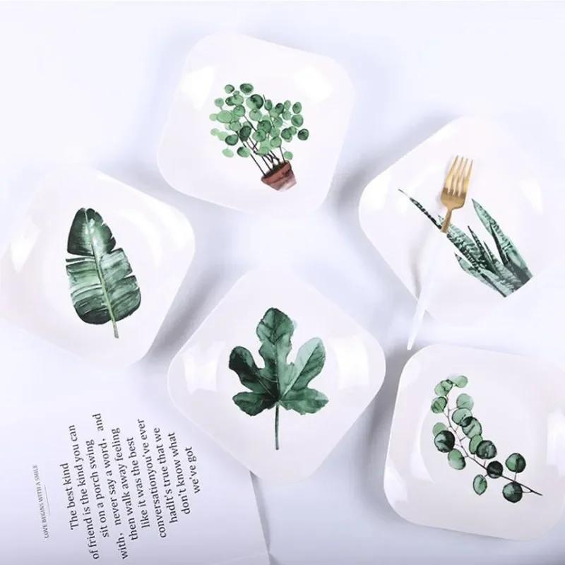 8 Inch Green Plants Ceramic Plates Dinner Porcelain Dessert Plate Beef Dish Fruit Plate Cake Tray Food Ceramic Tableware 1pc