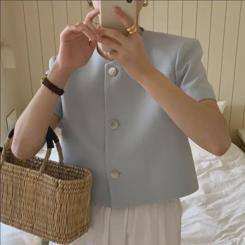 Korean Summer Round Neck Bubble Sleeve Short Jacket for Women