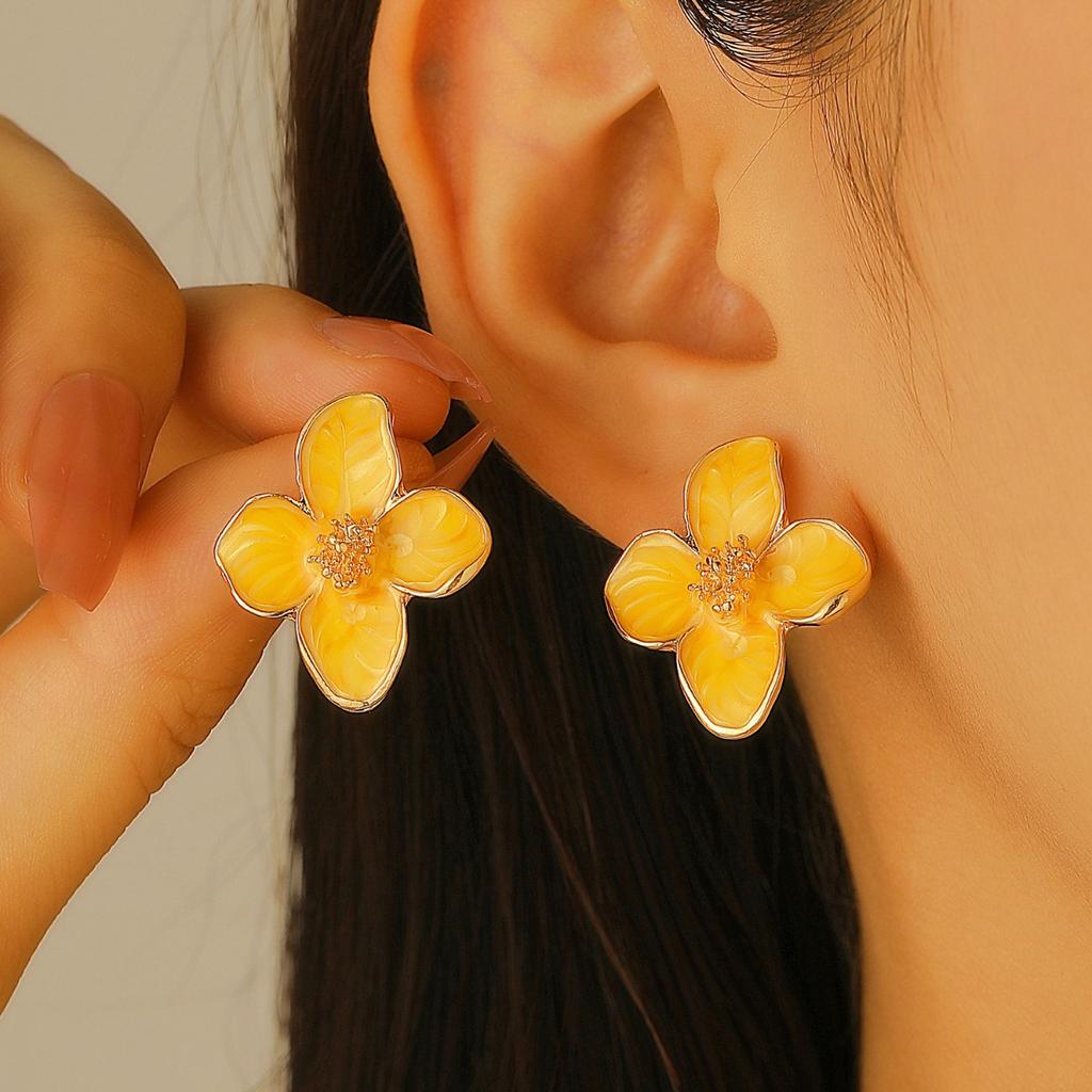 Soft Pink Enamel Flower Stud Earrings with Gold Tone Accents for Women Elegant Style