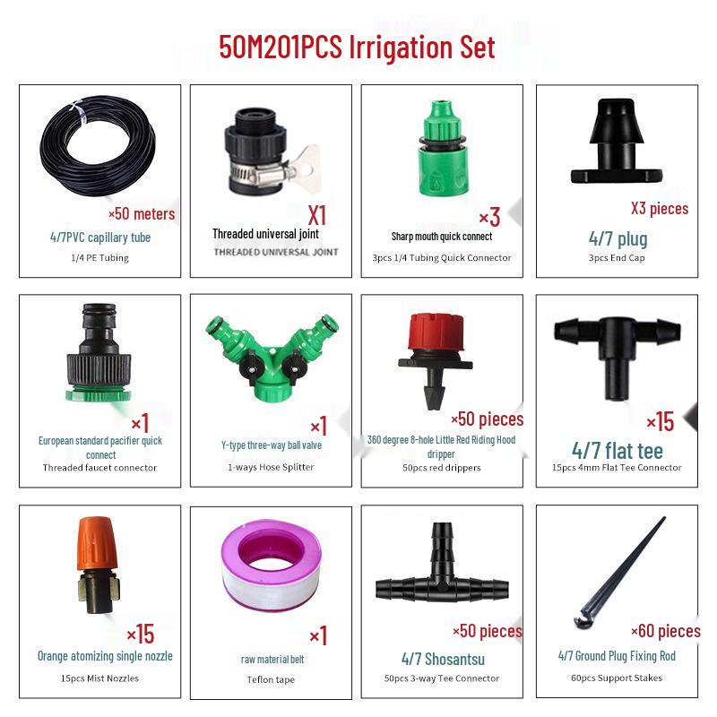 Automatic 50m Drip Irrigation Kit for Garden, Flower Watering, and Cooling Atomization