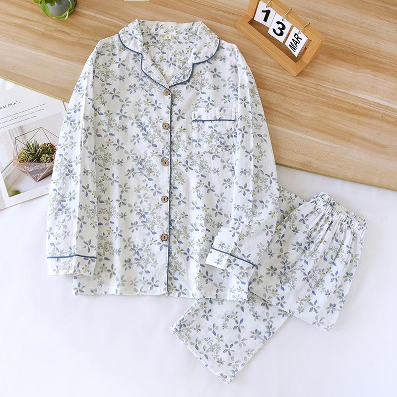 Spring/Summer  New Women's 100% Cotton Gauze Thin Long Sleeve Pants Two Piece Cardigan Homewear Set Sleepwear Pijama