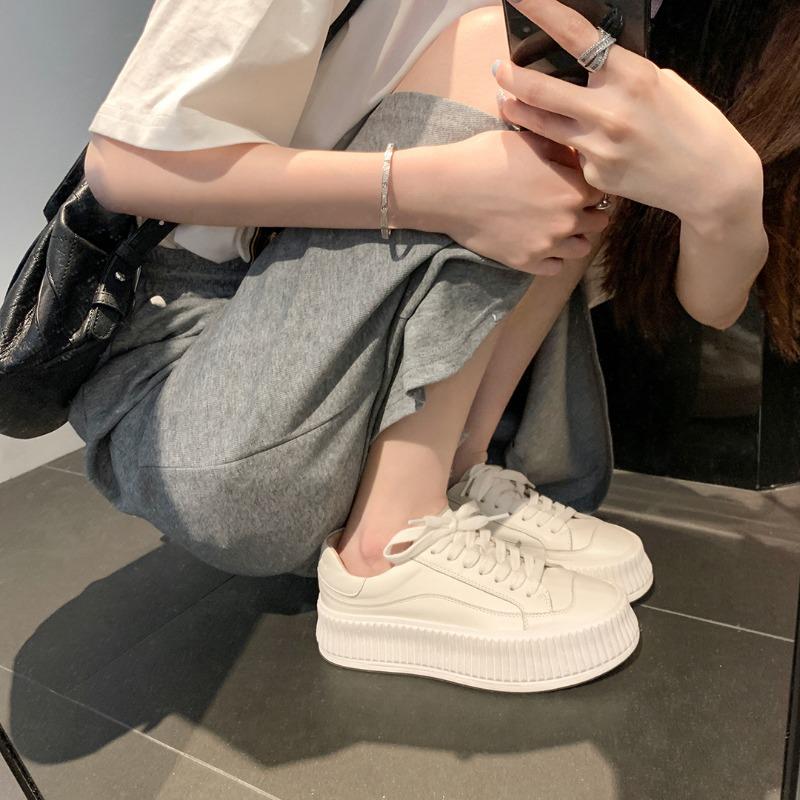 [] Interclass Exercise Field~ Lace-up Leather Round Head Thick Sole Heightening Casual Little White Shoes Women's Board Shoes
