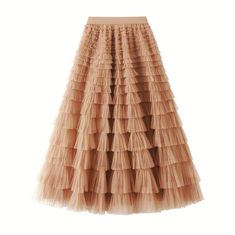 Tutu Cake Skirts Women Elegant Cascading Ruffles A Line Long Skirts Female Casual Elastic Waist Party Lace Skirt Faldas