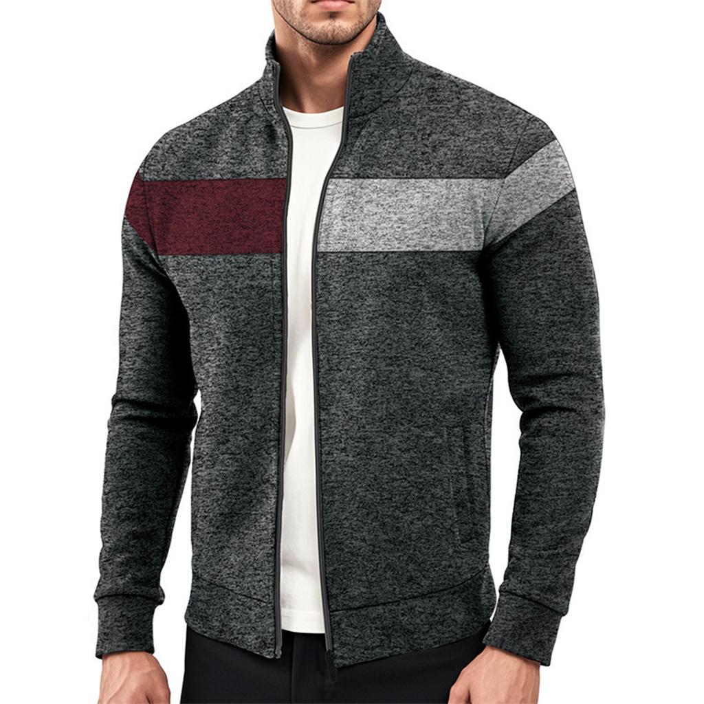 Men's Stand Up Collar Zipper Jacket With Cationic Splicing And Contrasting Colors For Casual Wear